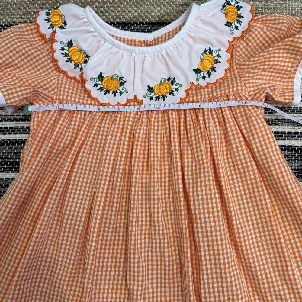 Addie &‎ Hadlie Dress Girls 4T Orange Gingham Pumpkin Embroidered Fall Holiday